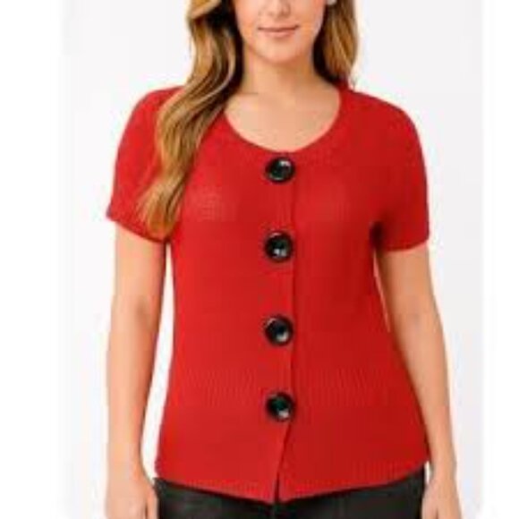🍁 Ann Taylor Short Sleeve Red Cardigan with Chunky Buttons Size M - Picture 1 of 4
